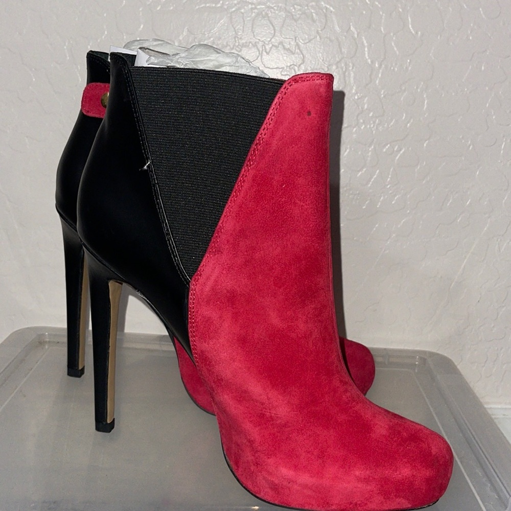 Victoria Secret Red and black Leather and stretch fabric platform ankle boots.